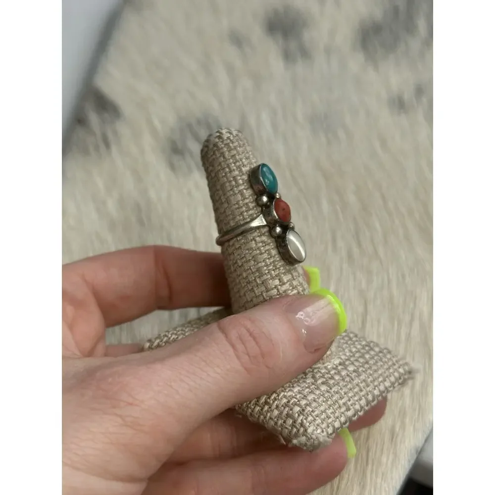 Native Sterling Silver Mother Pearl Red Coral Blue Turquoise Ring M. Chee 6.5